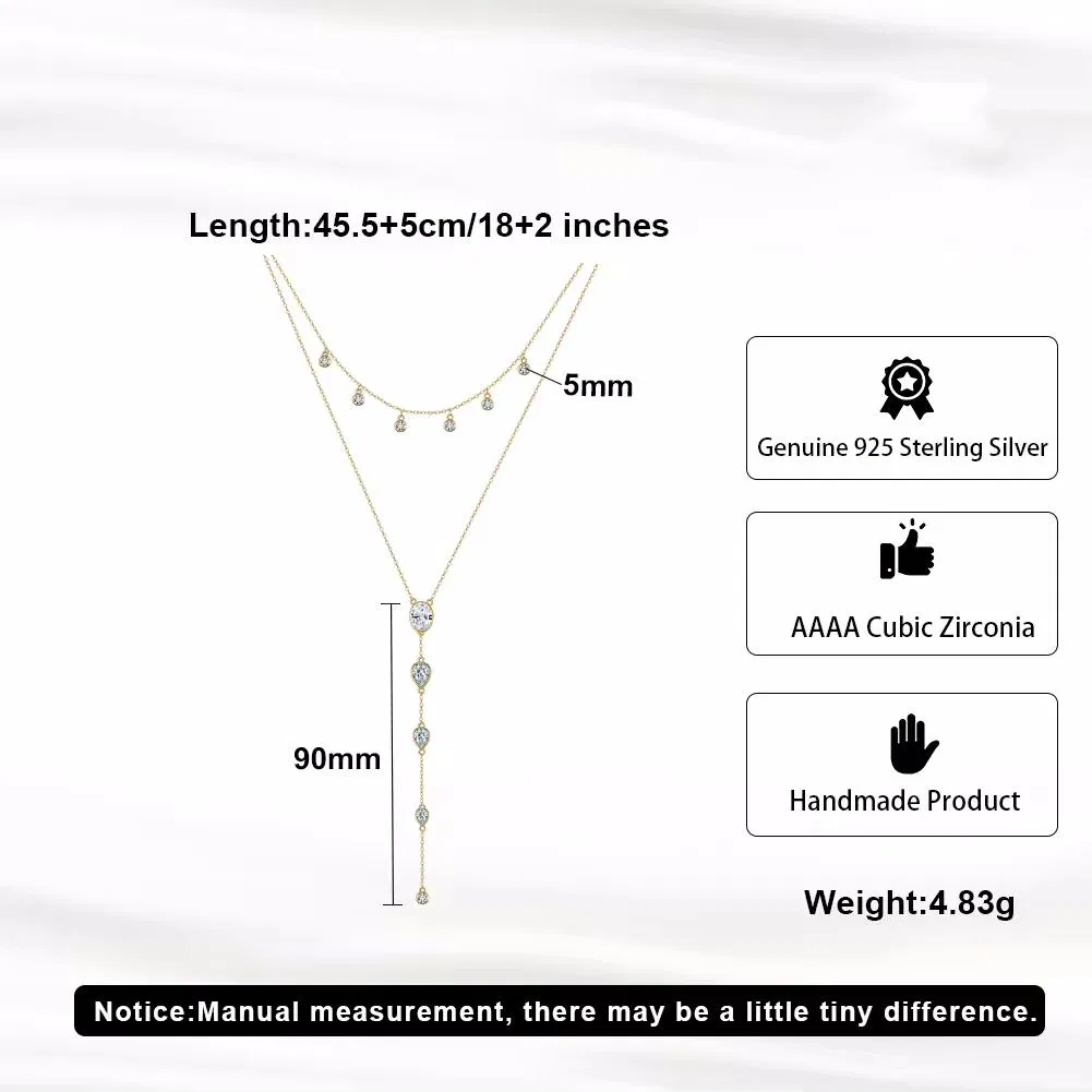 Peishang S925 Sterling Silver Teardrop Double Layered Choker Y Lariat Cubic Zirconia Charm Necklace for Women