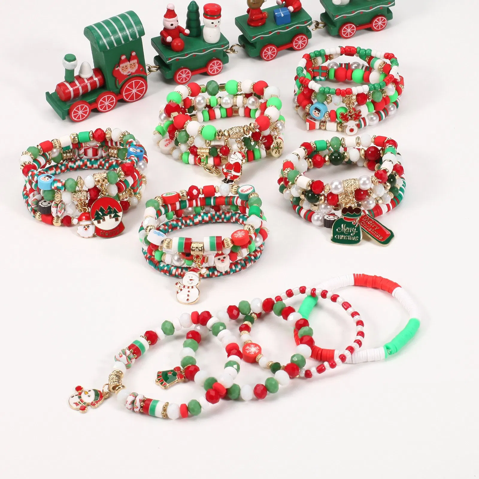 Christmas Artificial Snowman Tree Pendant Gift Crystal Polymer Clay Bracelet Set