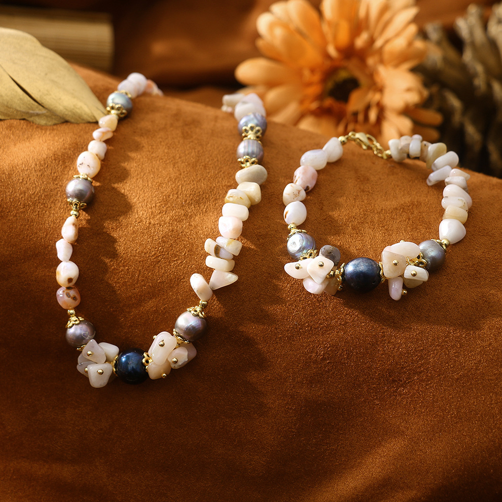 Vintage Woven Bud Pink Opal Natural Freshwater Pearl Bead Necklace Bracelet Set