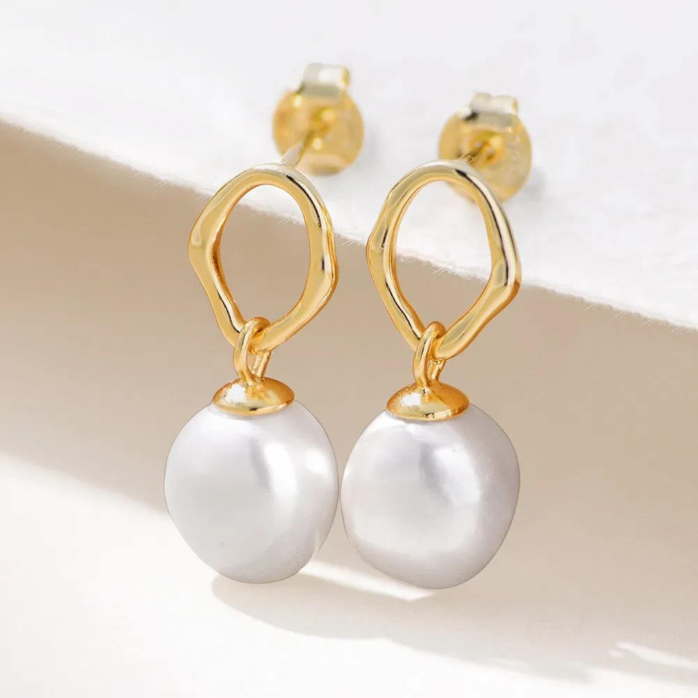 New Designer Jewelry Wholesale S925 Sterling Silver Fashion Simple Geometric Irregular Hollow Natural Baroque Pearl Earrings
