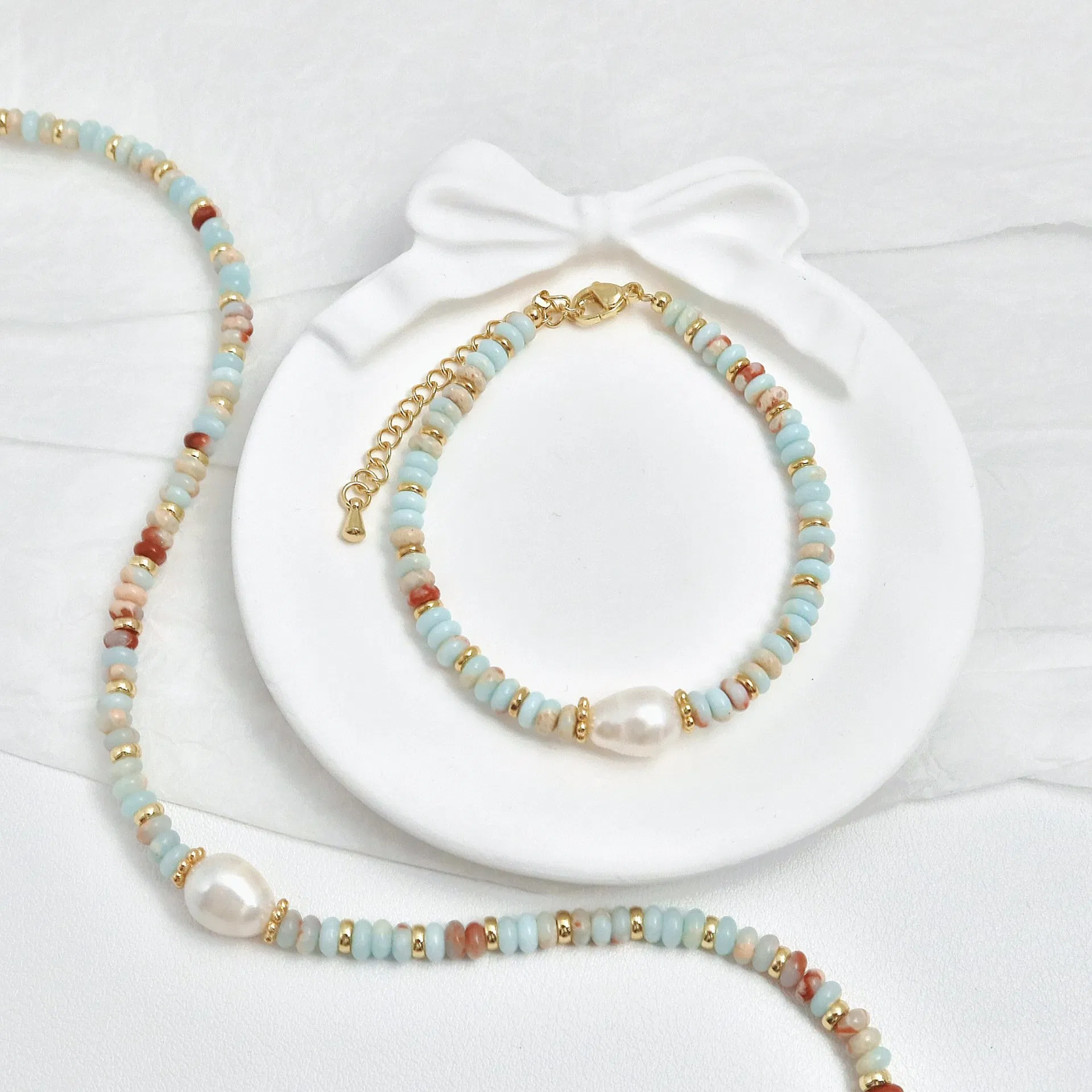 Dopamine Shoushan Natural Stone Freshwater Pearl Beaded Necklace Set for Women