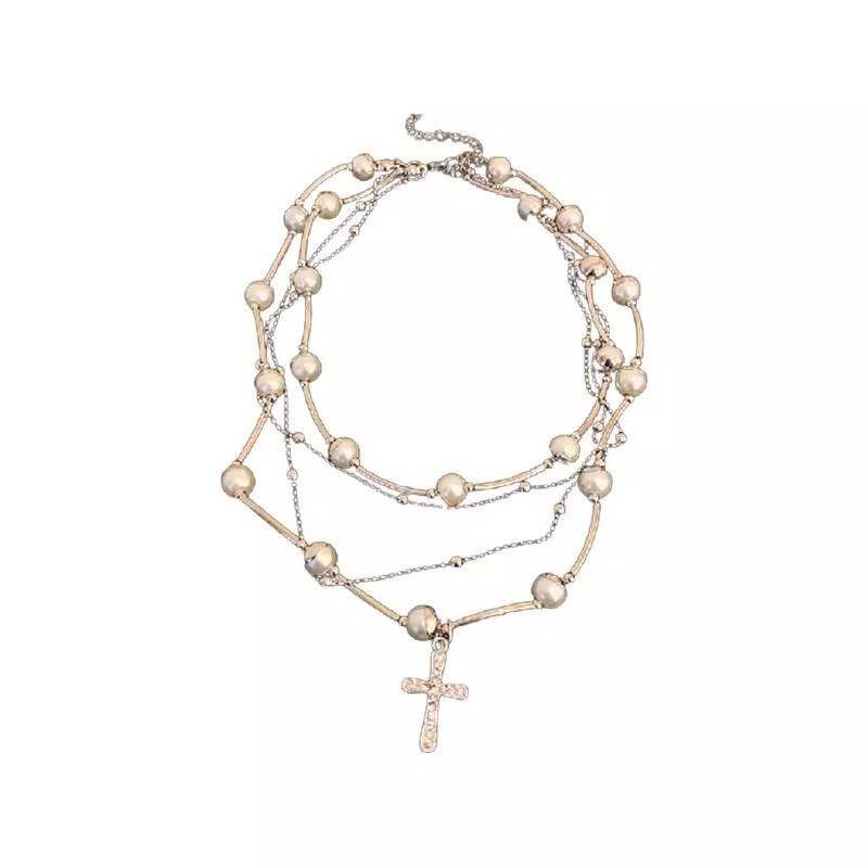 Sweet and Cool Temperament Multi-Layered Pearl Cross Necklace Light Luxury Collarbone Chain Fashionable Retro Necklace