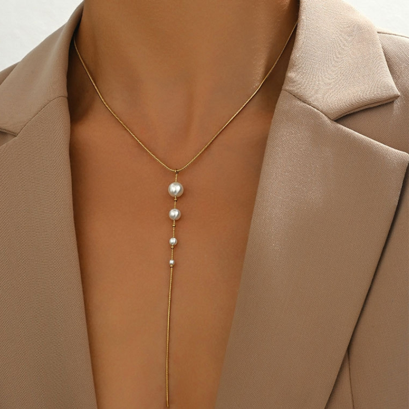 Stainless Steel Pearl Drop Gold Plated Lariat Necklace for Women