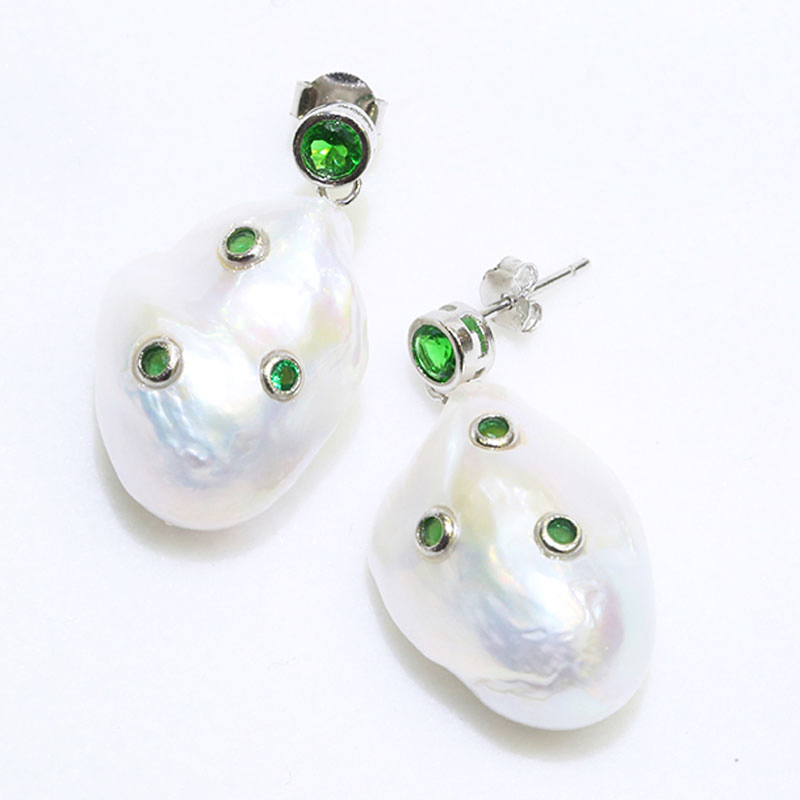 Baroque Pearl Earring Green Cubic Zirconia Silver Jewelry