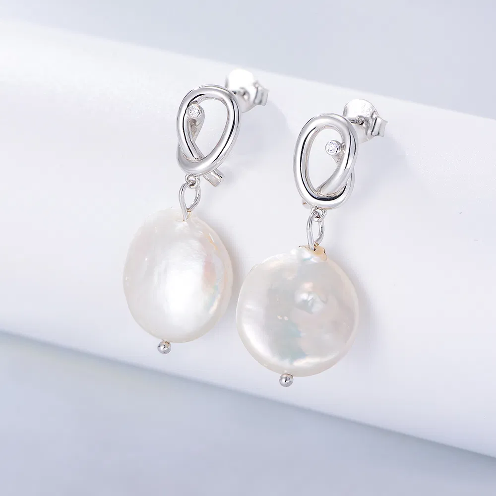 Custom 925 Sterling Silver Knot Dangle Fresh Water Irregular Baroque Pearl Stud Earring