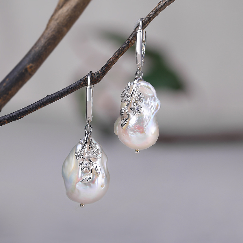 S925 Silver Freshwater Baroque Pearl Drop Earrings Jewelry Carved Fashion Earrings Accessories Wholesale