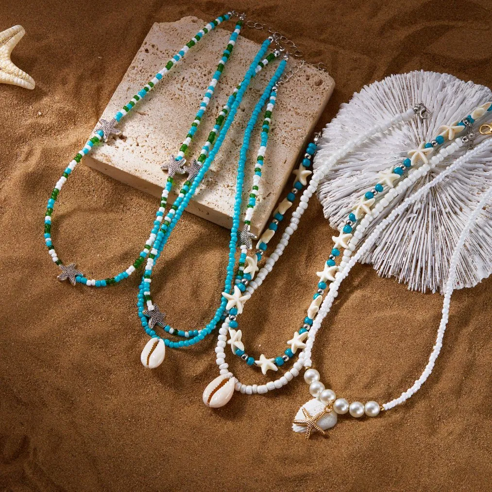 Bohemian Double Layer Handmade Beaded Starfish Shell Choker Necklace for Women