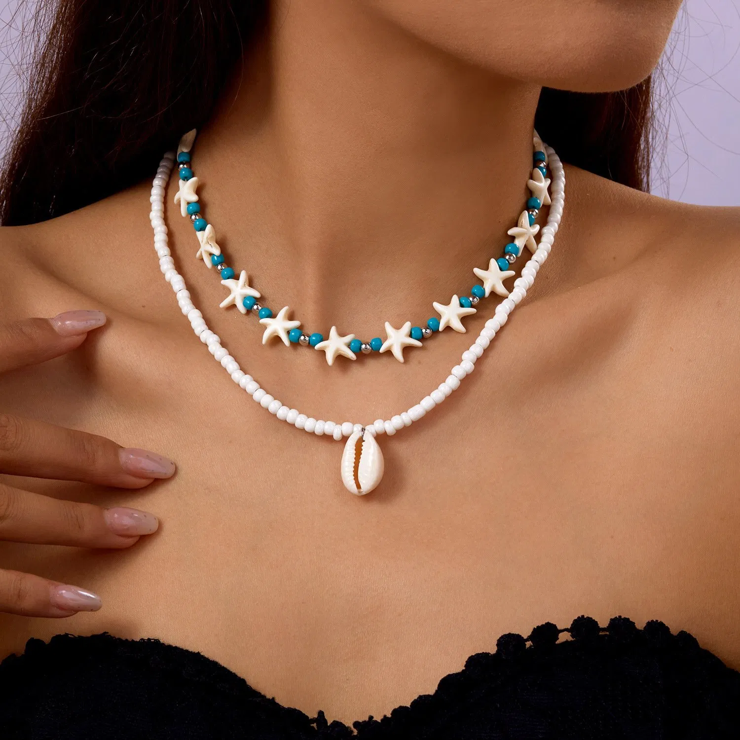 Bohemian Double Layer Handmade Beaded Starfish Shell Choker Necklace for Women