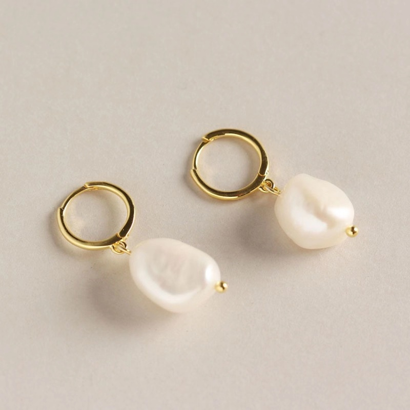 925 Sterling Silver 18K Gold Plated Irregular Baroque Fresh Water Pearl Drop Earrings