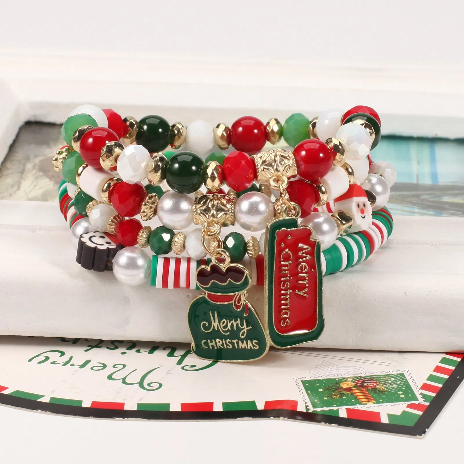 Christmas Artificial Snowman Tree Pendant Gift Crystal Polymer Clay Bracelet Set