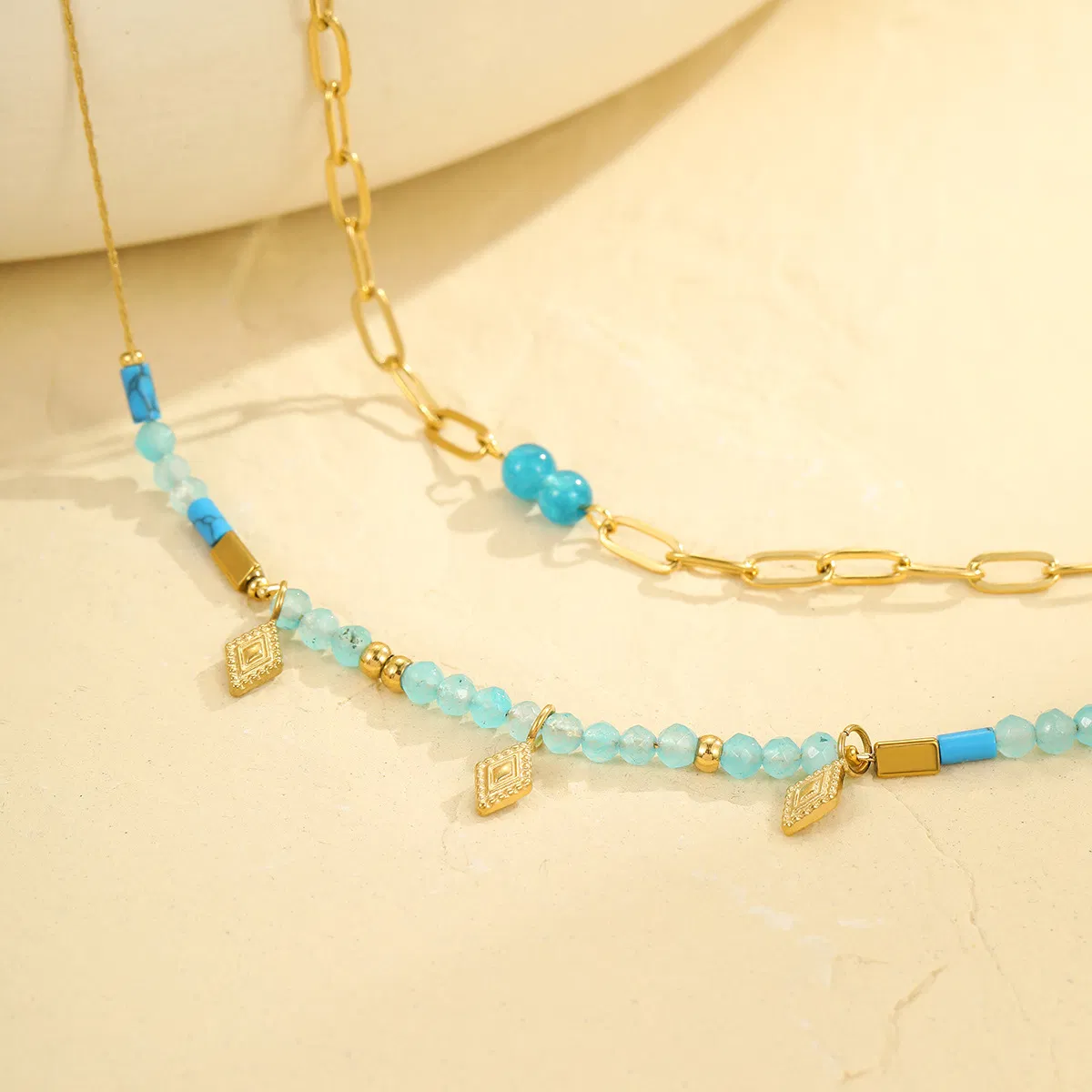 New Vintage Natural Stone Beaded Stainless Steel Multi Layered Necklace for Women