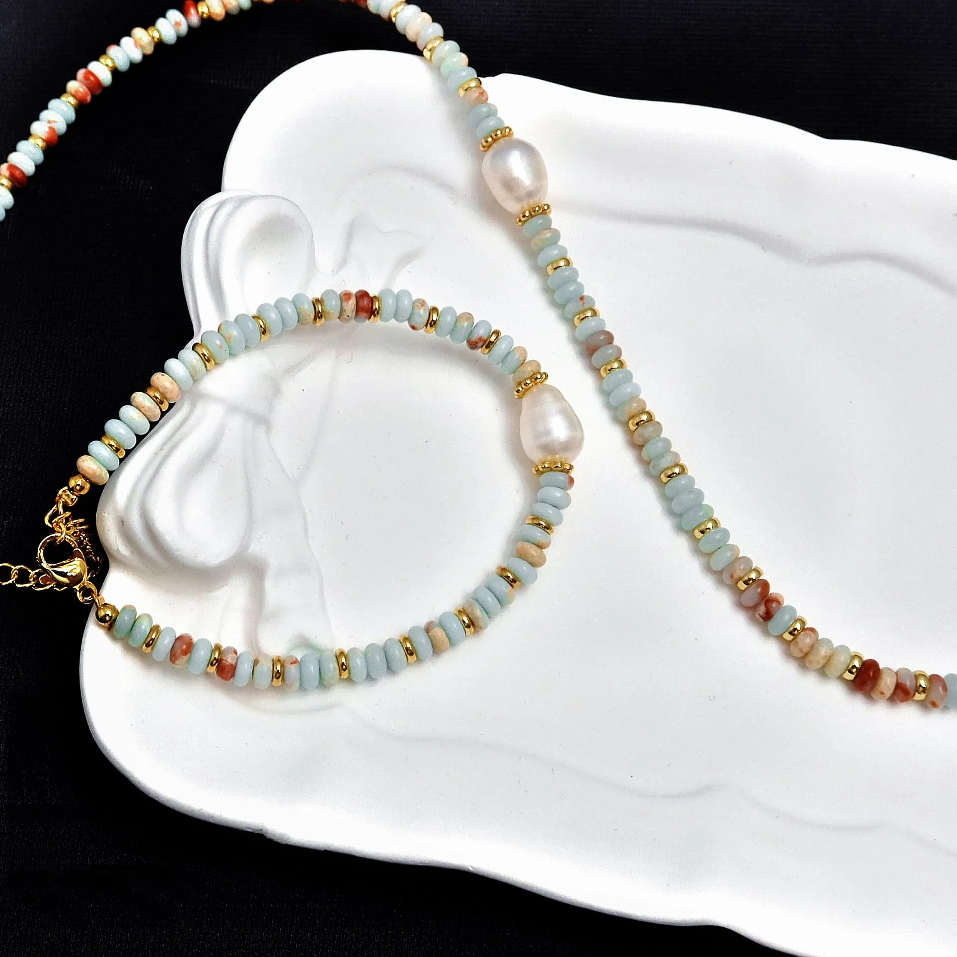Dopamine Shoushan Natural Stone Freshwater Pearl Beaded Necklace Set for Women