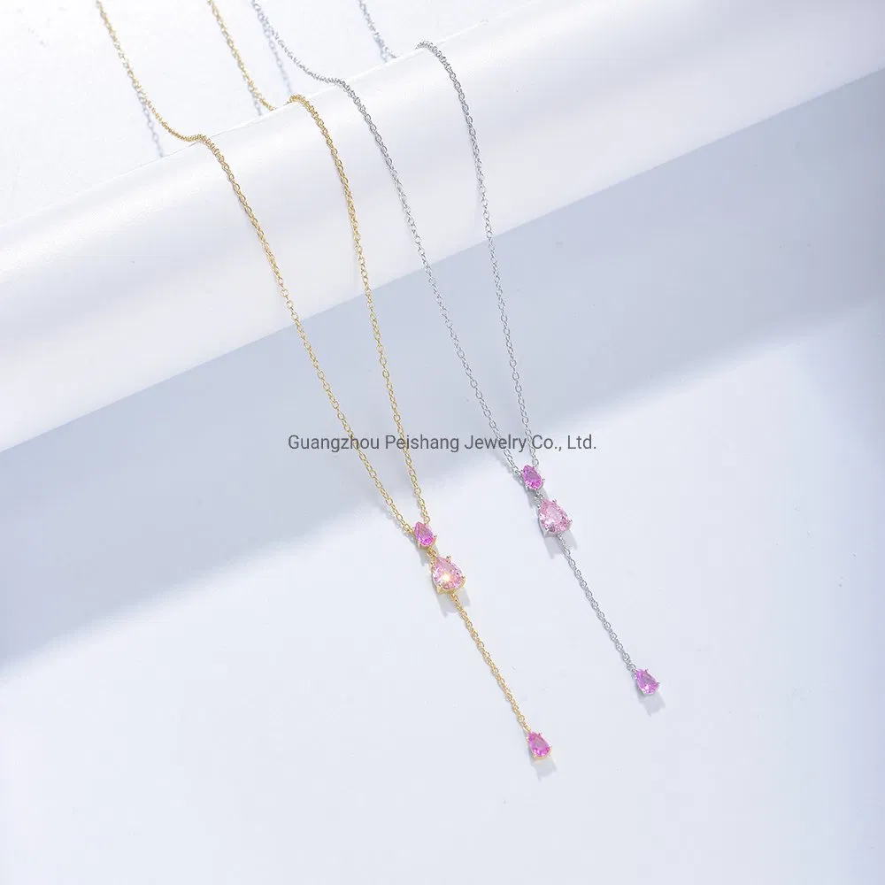 Solid 925 Sterling Silver Women Jewelry Lariat Zirconia Drop Necklace
