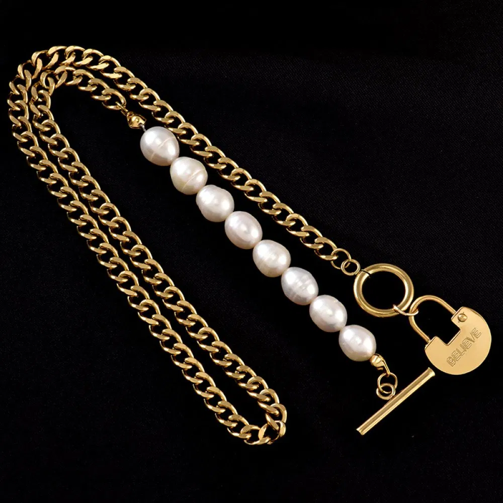 Stainless Steel Non-Fading Baroque Natural Pearl Necklace Collarbone Chain Necklace