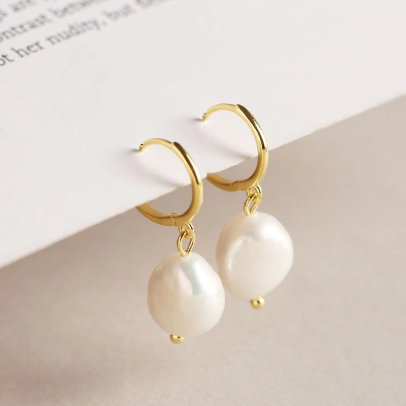 925 Sterling Silver 18K Gold Plated Irregular Baroque Fresh Water Pearl Drop Earrings