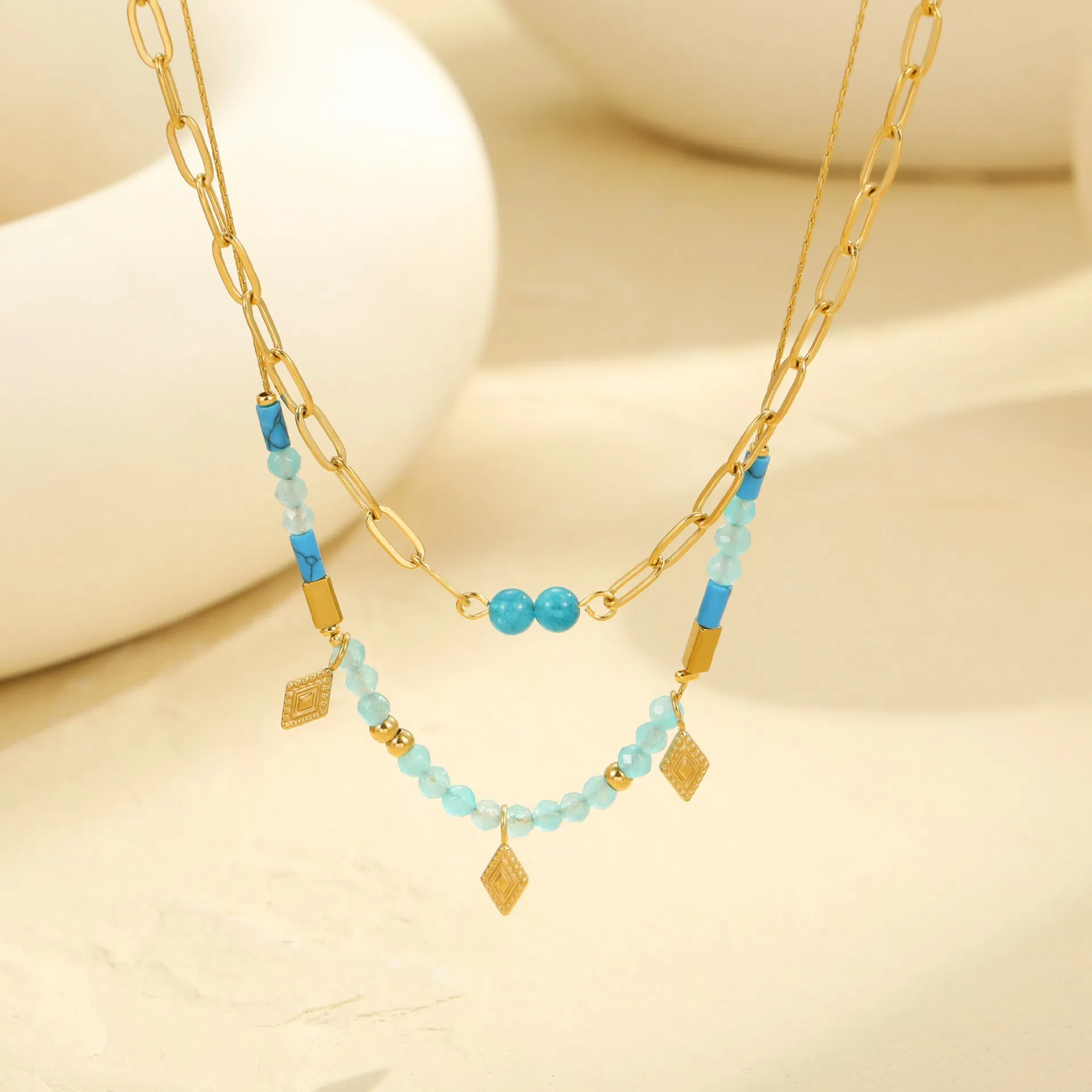 New Vintage Natural Stone Beaded Stainless Steel Multi Layered Necklace for Women