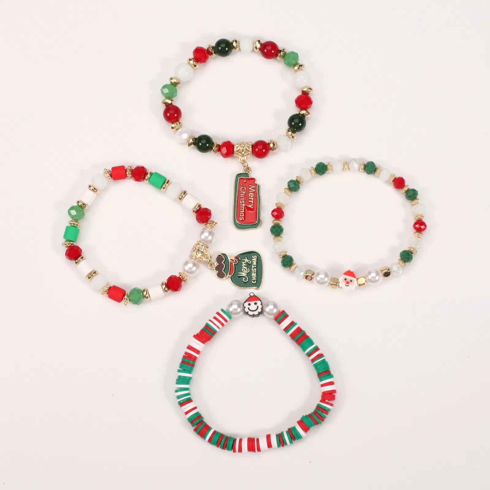 Christmas Artificial Snowman Tree Pendant Gift Crystal Polymer Clay Bracelet Set