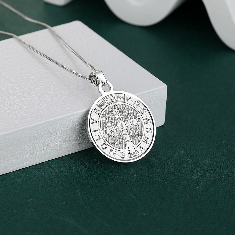925 Sterling Silver Round Coin Medallion Necklace Talisman Amulet Jewelry Saint Benedict Cross Jesus Pendant Necklace