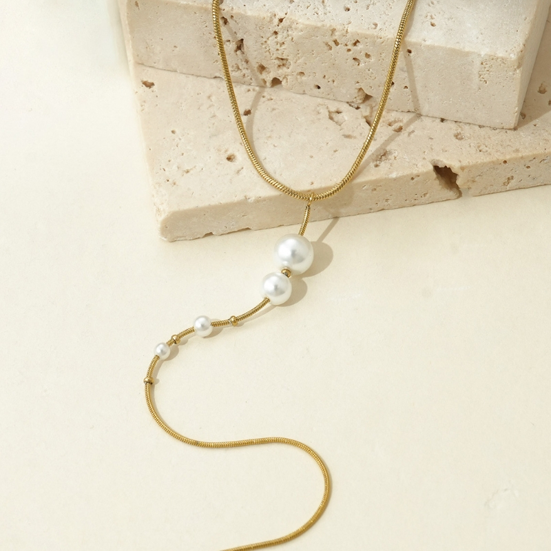 Stainless Steel Pearl Drop Gold Plated Lariat Necklace for Women