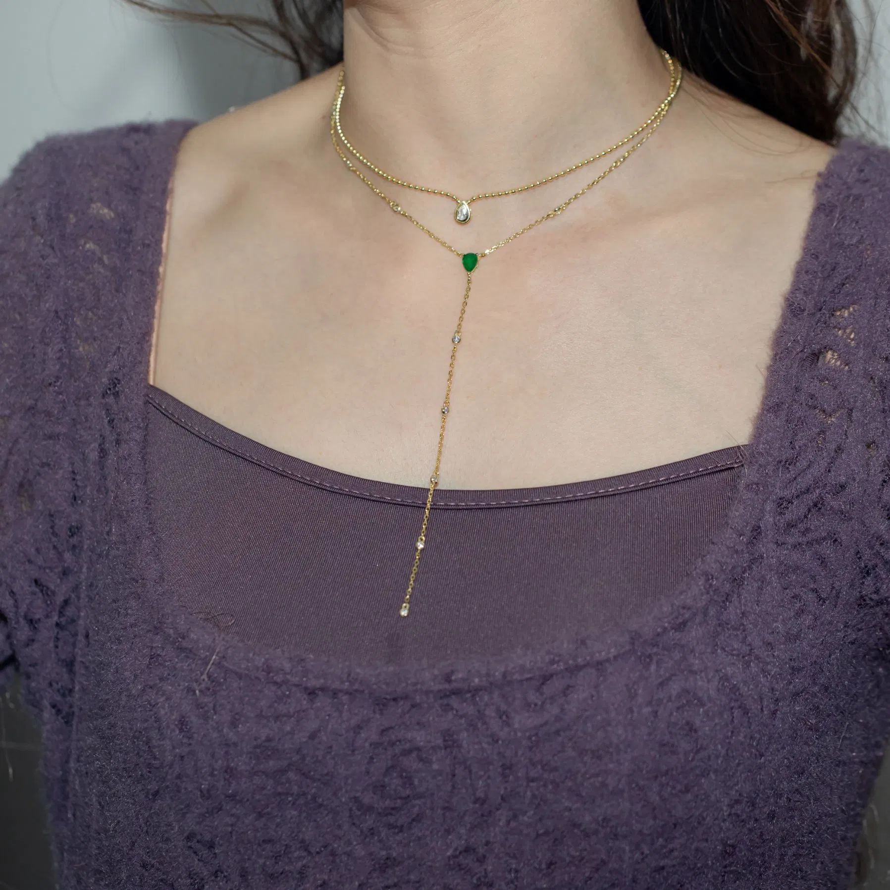 Y Shape Bezel Emerald Teardrop Jewelry Gold Plated Lariat Necklace