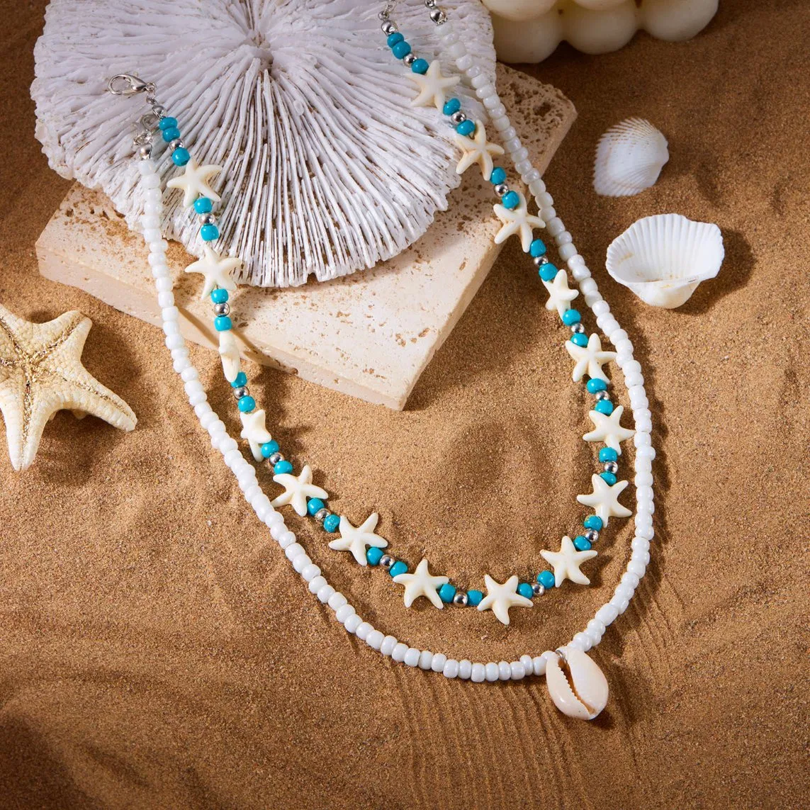 Bohemian Double Layer Handmade Beaded Starfish Shell Choker Necklace for Women