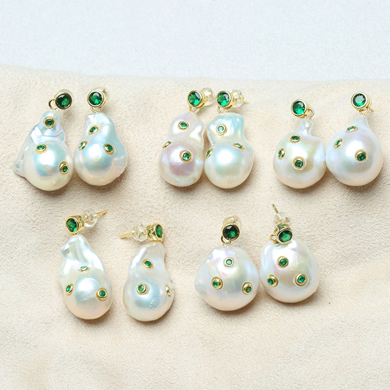 Baroque Pearl Earring Green Cubic Zirconia Silver Jewelry