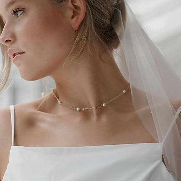 Ins Dainty Gold Necklaces Pearl Chain Choker Necklace Jewelry for Women 925 Sterling Silver Adjustable Gold Wedding Necklace for Bride