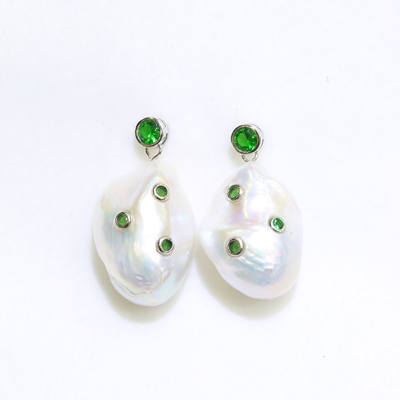 Baroque Pearl Earring Green Cubic Zirconia Silver Jewelry