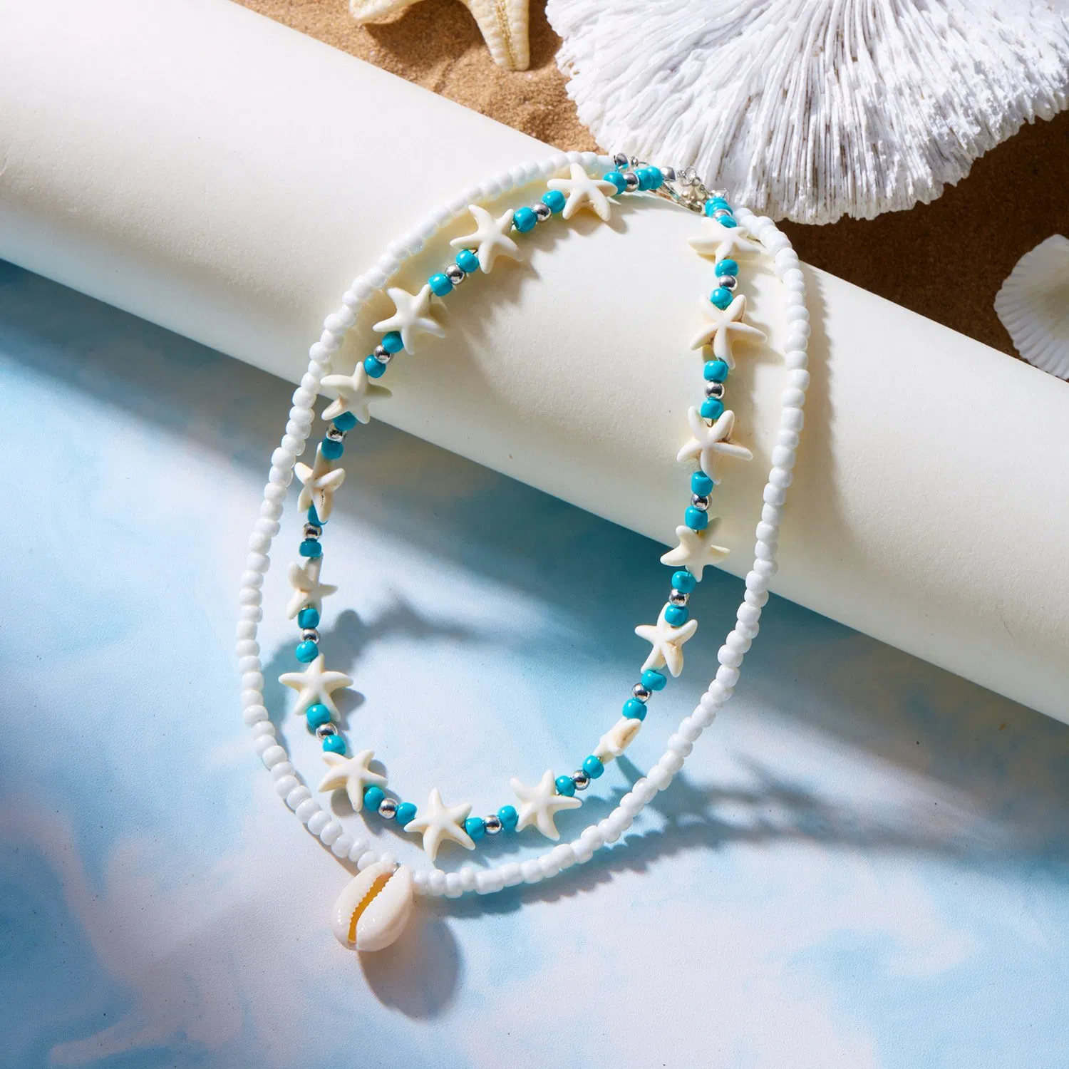 Bohemian Double Layer Handmade Beaded Starfish Shell Choker Necklace for Women