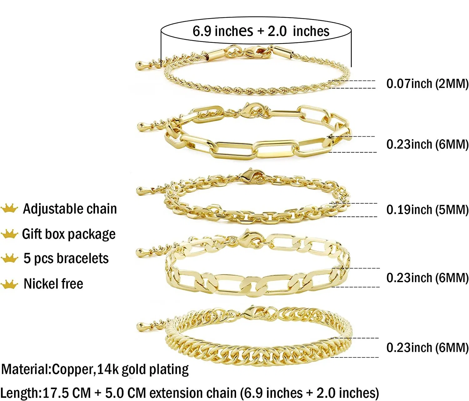 Dainty Link Paperclip Stake Adjustable Layered Gold Bracelet Sets for Women Girls