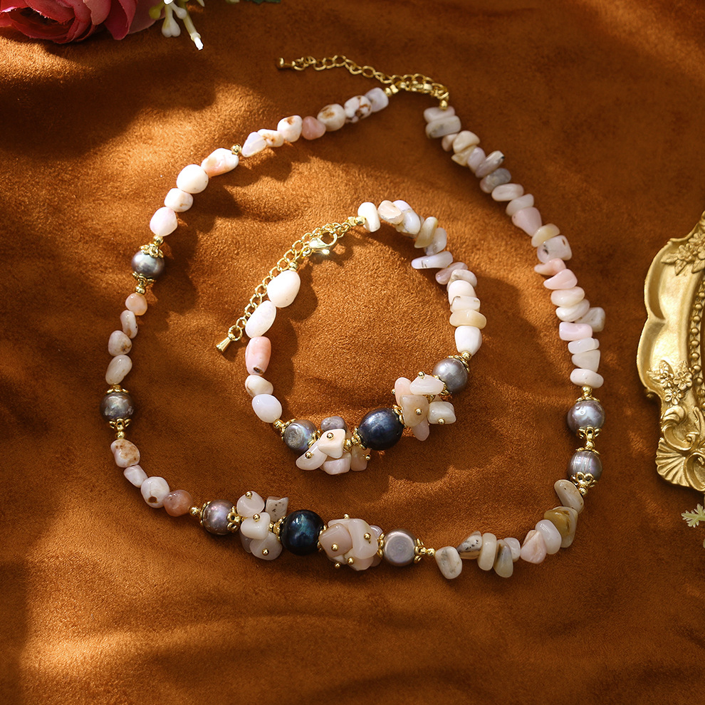 Vintage Woven Bud Pink Opal Natural Freshwater Pearl Bead Necklace Bracelet Set