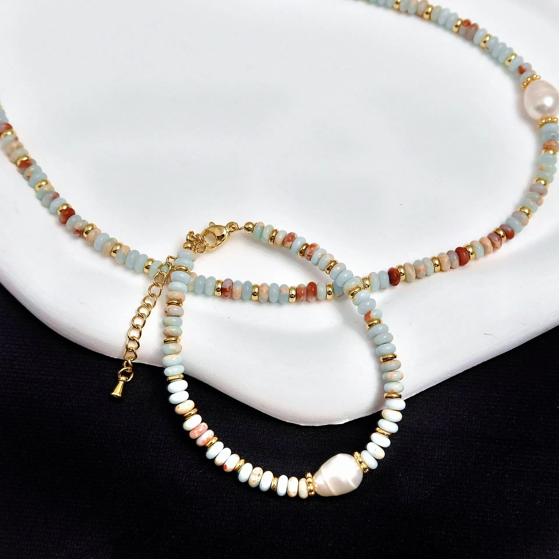 Dopamine Shoushan Natural Stone Freshwater Pearl Beaded Necklace Set for Women