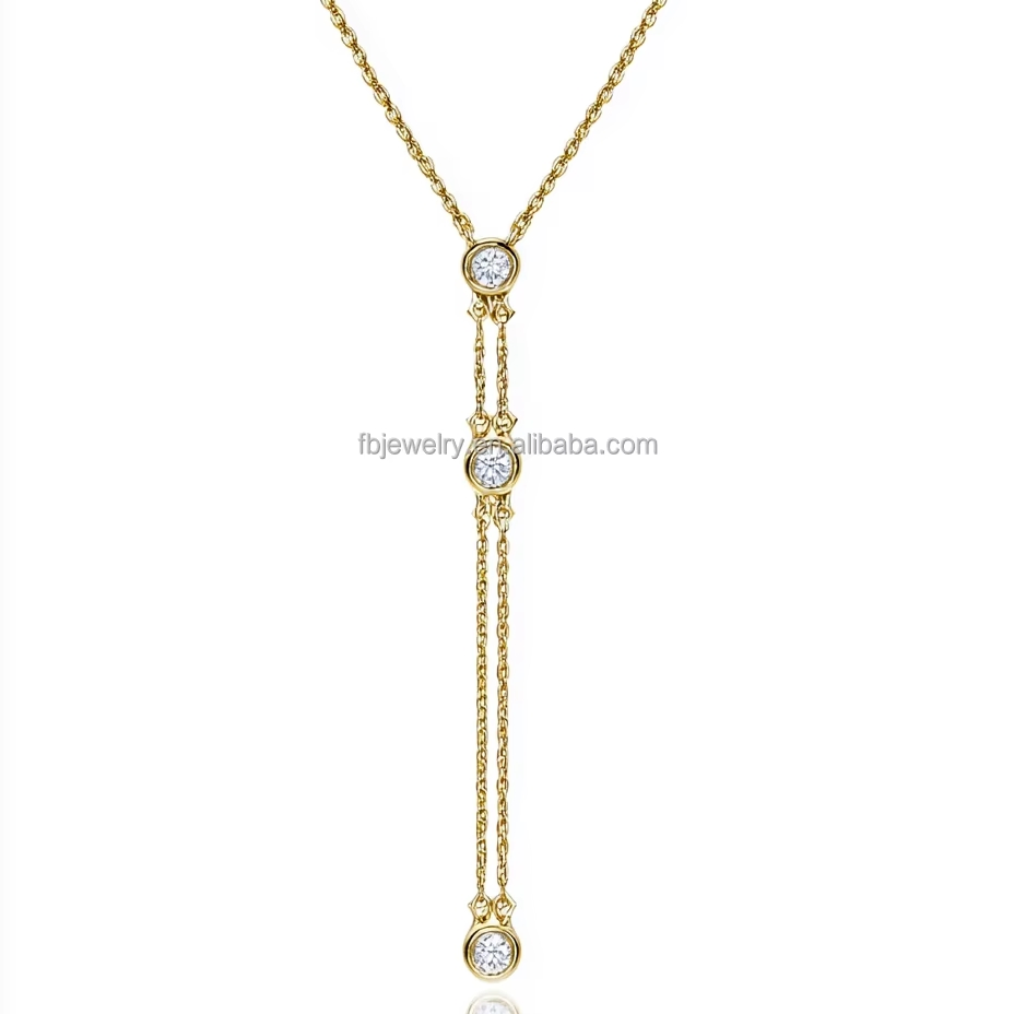 925 Sterling Silver Moissanite Lariat Necklace with Bamboo Chain Gold Elegant Women's Accessory for Weddings Engagements