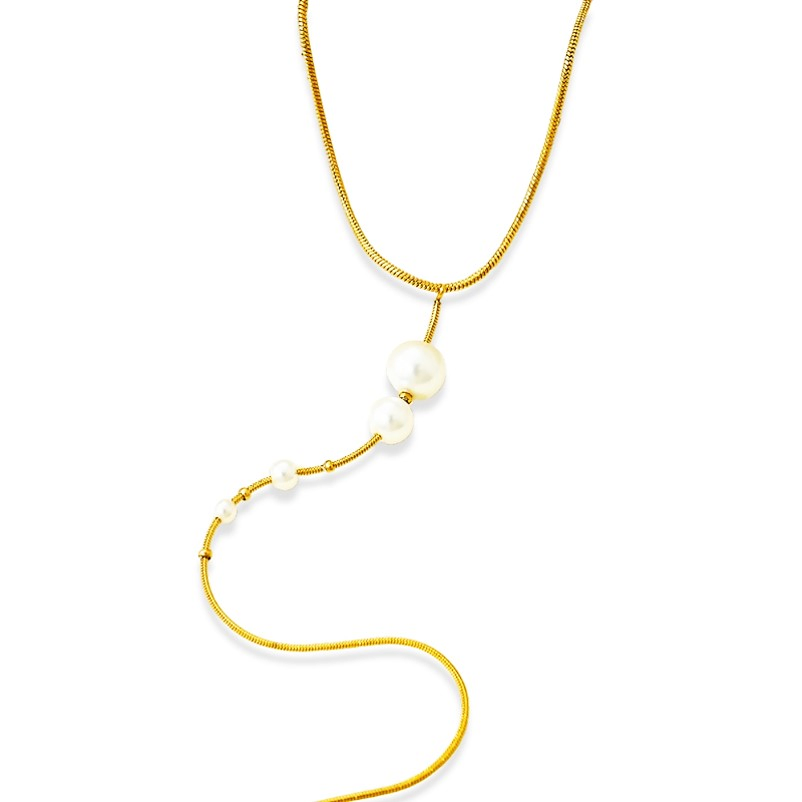 Stainless Steel Pearl Drop Gold Plated Lariat Necklace for Women
