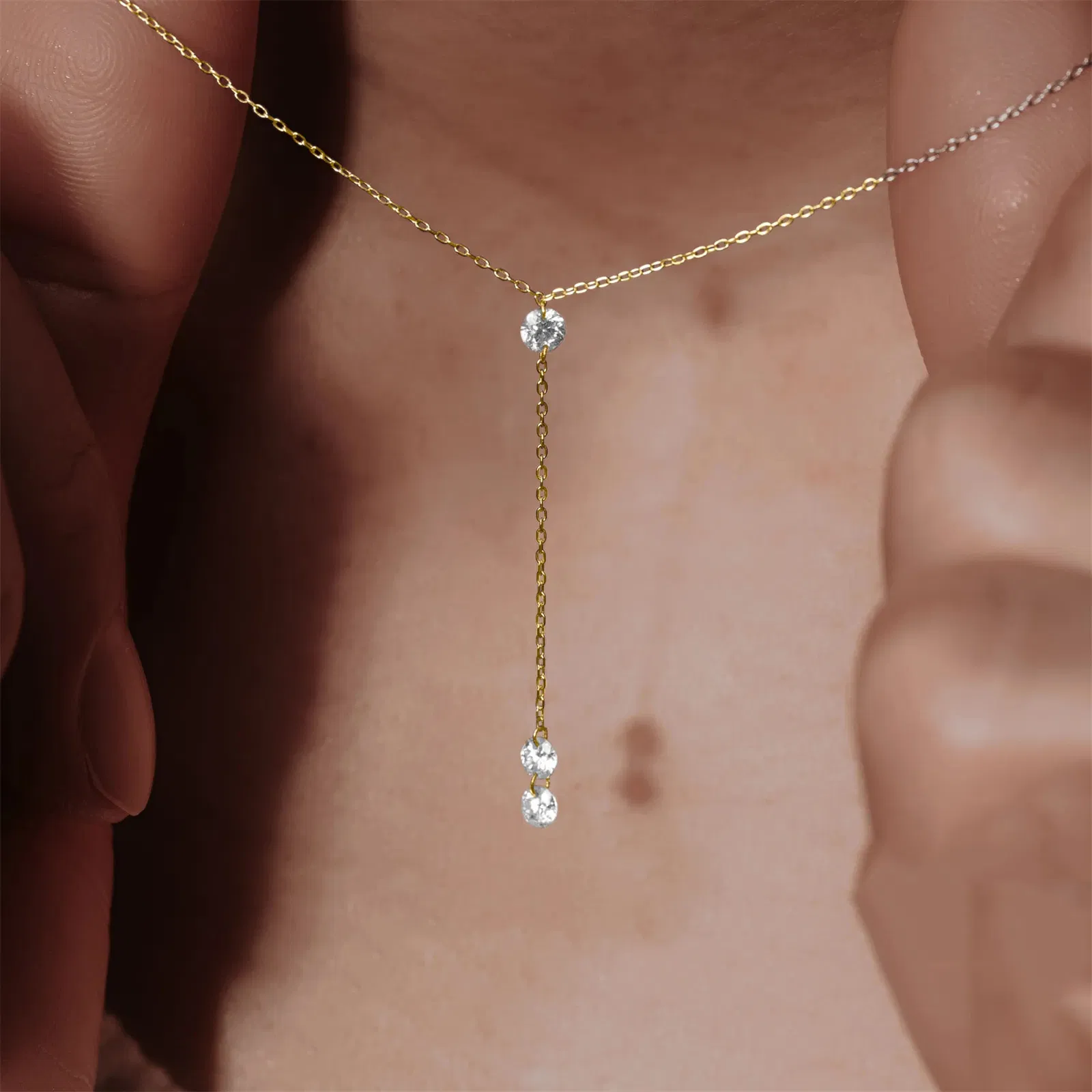 Three Diamonds Floating CZ Y-Necklace Heart Shape Pattern Trendy Silver Gold