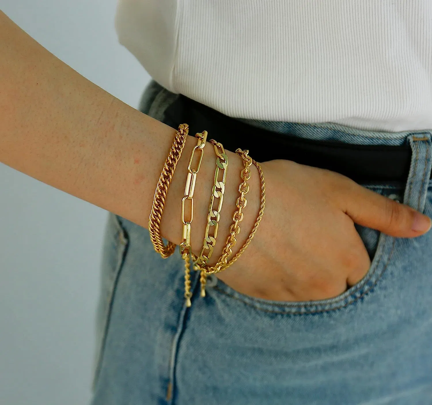 Dainty Link Paperclip Stake Adjustable Layered Gold Bracelet Sets for Women Girls