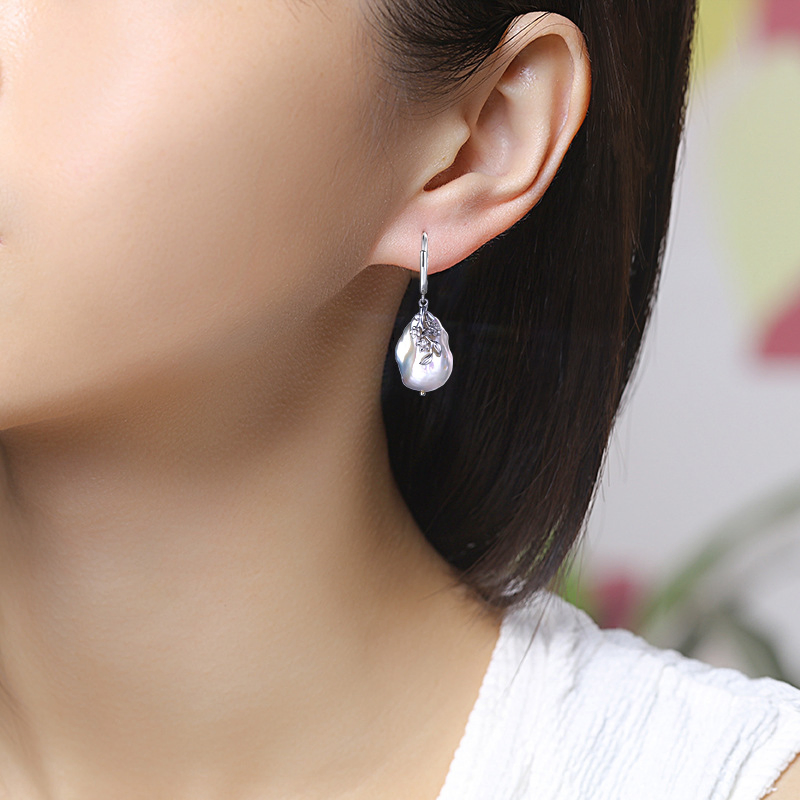 S925 Silver Freshwater Baroque Pearl Drop Earrings Jewelry Carved Fashion Earrings Accessories Wholesale