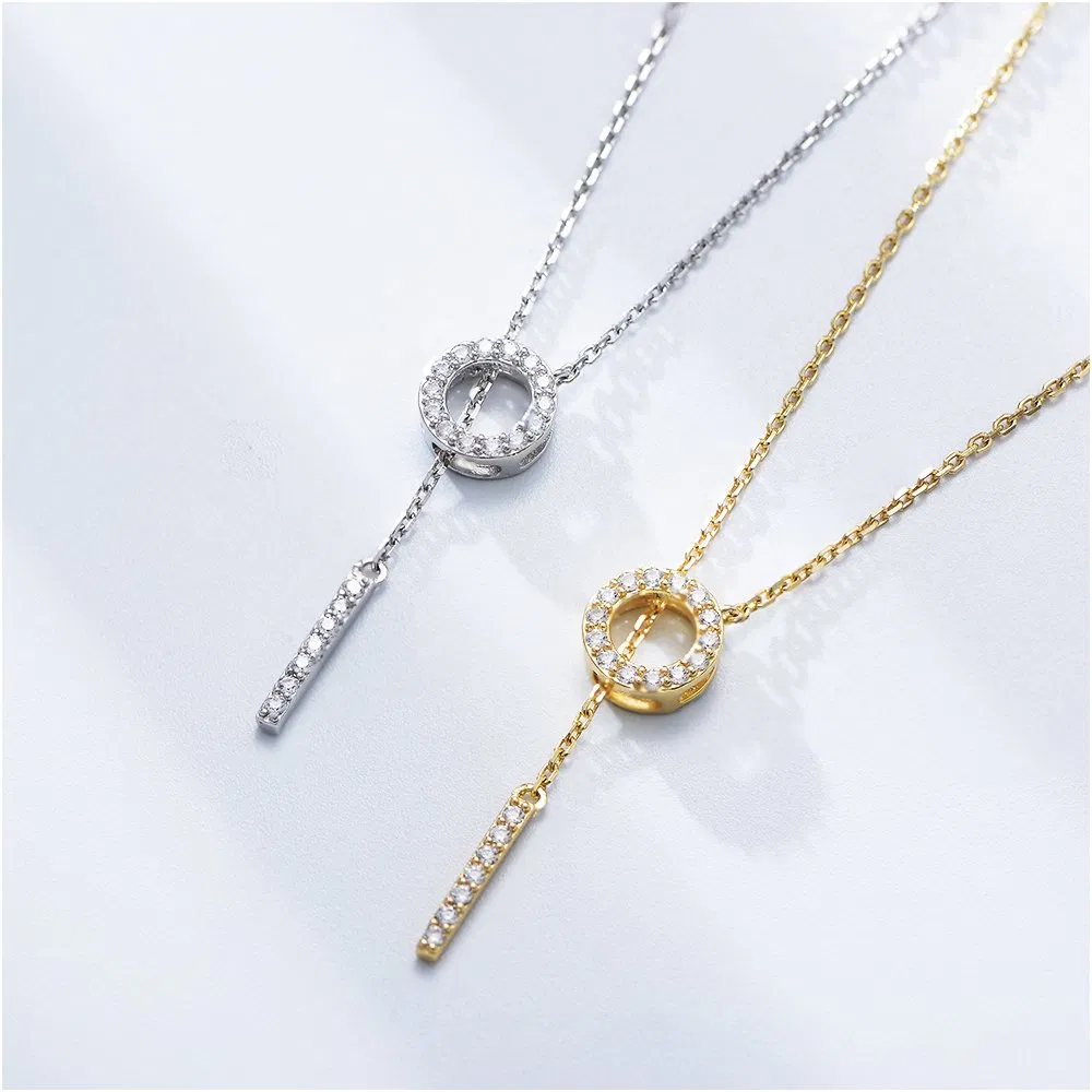 Trendy Hollow 925 Sterling Silver 14K Gold Plated Circle Vertical Bar Y Lariat Adjustable Chain Necklace