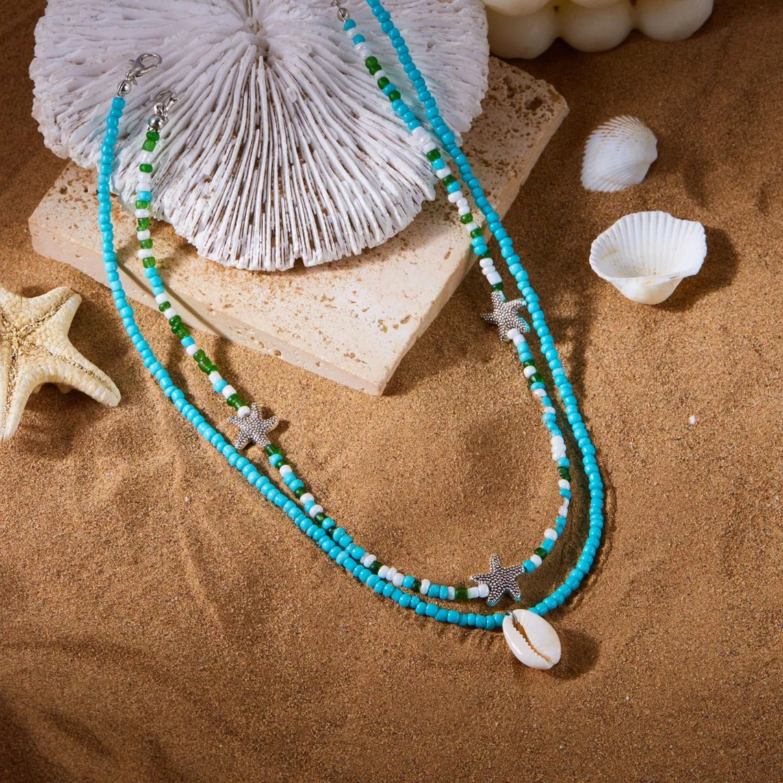 Bohemian Double Layer Handmade Beaded Starfish Shell Choker Necklace for Women