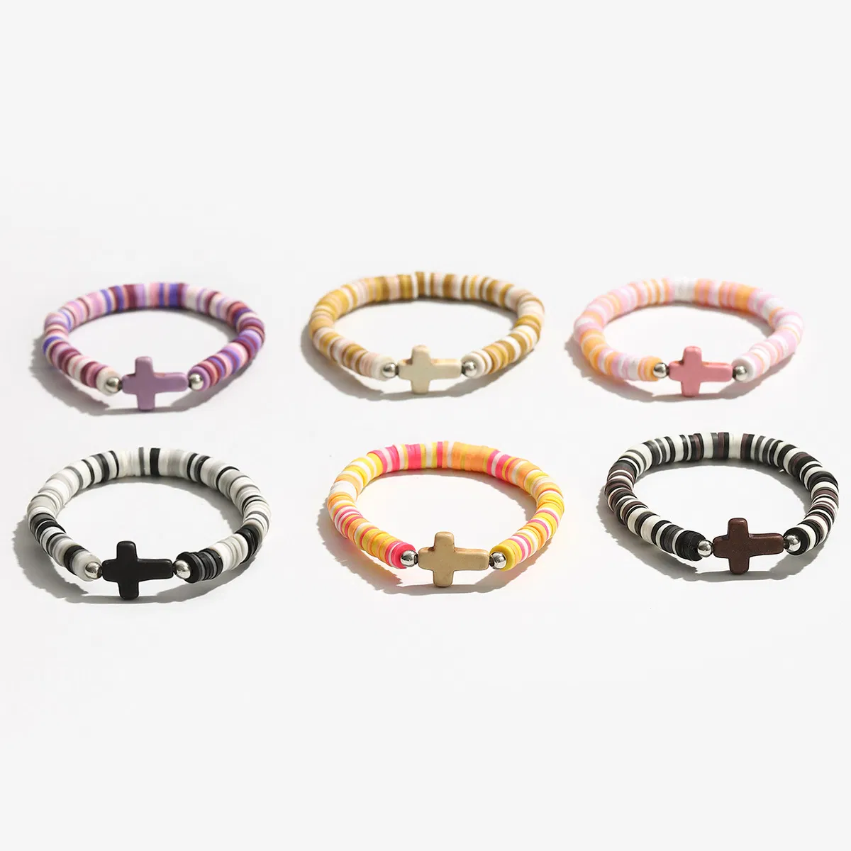 Wholesale Bohemian Colorful Polymer Clay Cross Charm Stretch Beads Bracelet