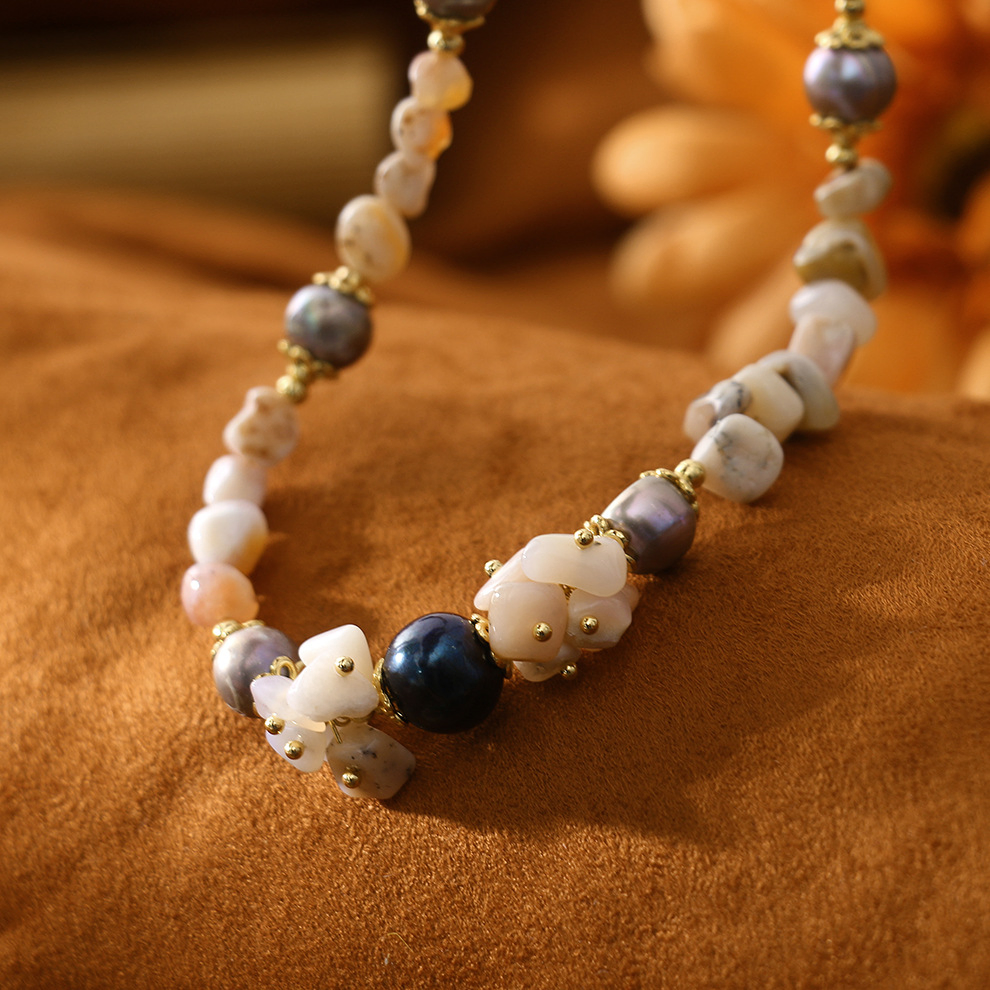 Vintage Woven Bud Pink Opal Natural Freshwater Pearl Bead Necklace Bracelet Set