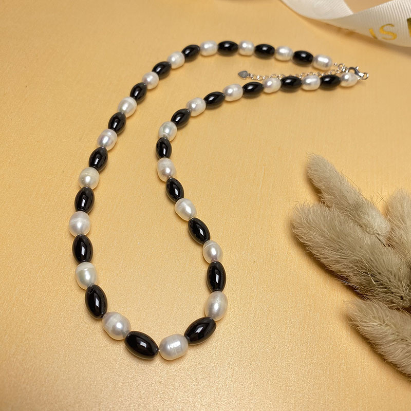 Minimalist S925 Sterling Silver Choker Black White Oval Pearl Onyx Bead Necklace