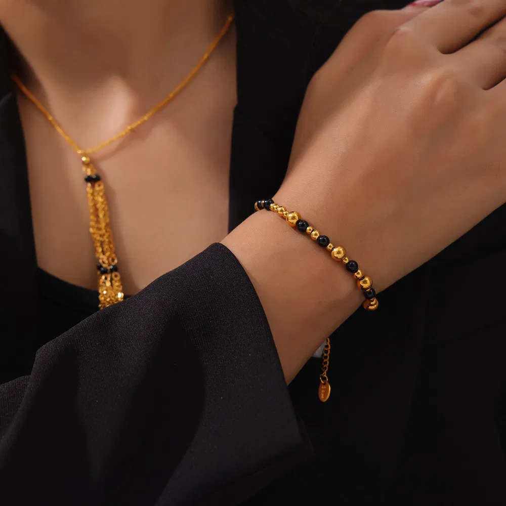 Geometric Layered Chain &amp; Agate Beaded Jewelry Set Stainless Steel Design for Women