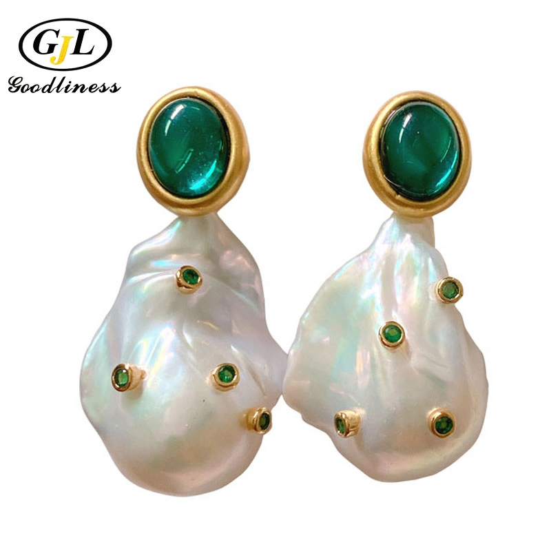 Baroque Pearl Earring Green Cubic Zirconia Silver Jewelry