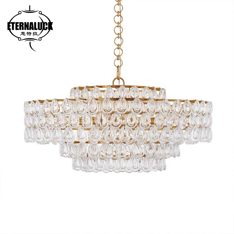 Luxury Tiered Teardrop Crystal Chandelier Brass Frame LED Pendant Light For Living Room Dining Room