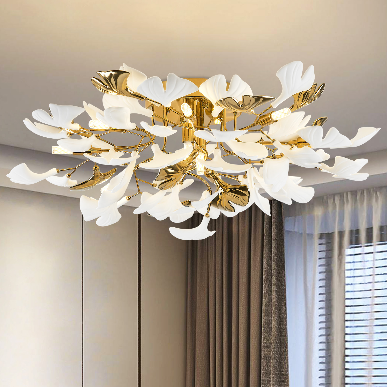 Modern Ceramic Ginkgo Leaf Chandeliers Gold Chandelier Brass Ceiling Light Fixture For Kitchen Living Room Dining Room Foyer