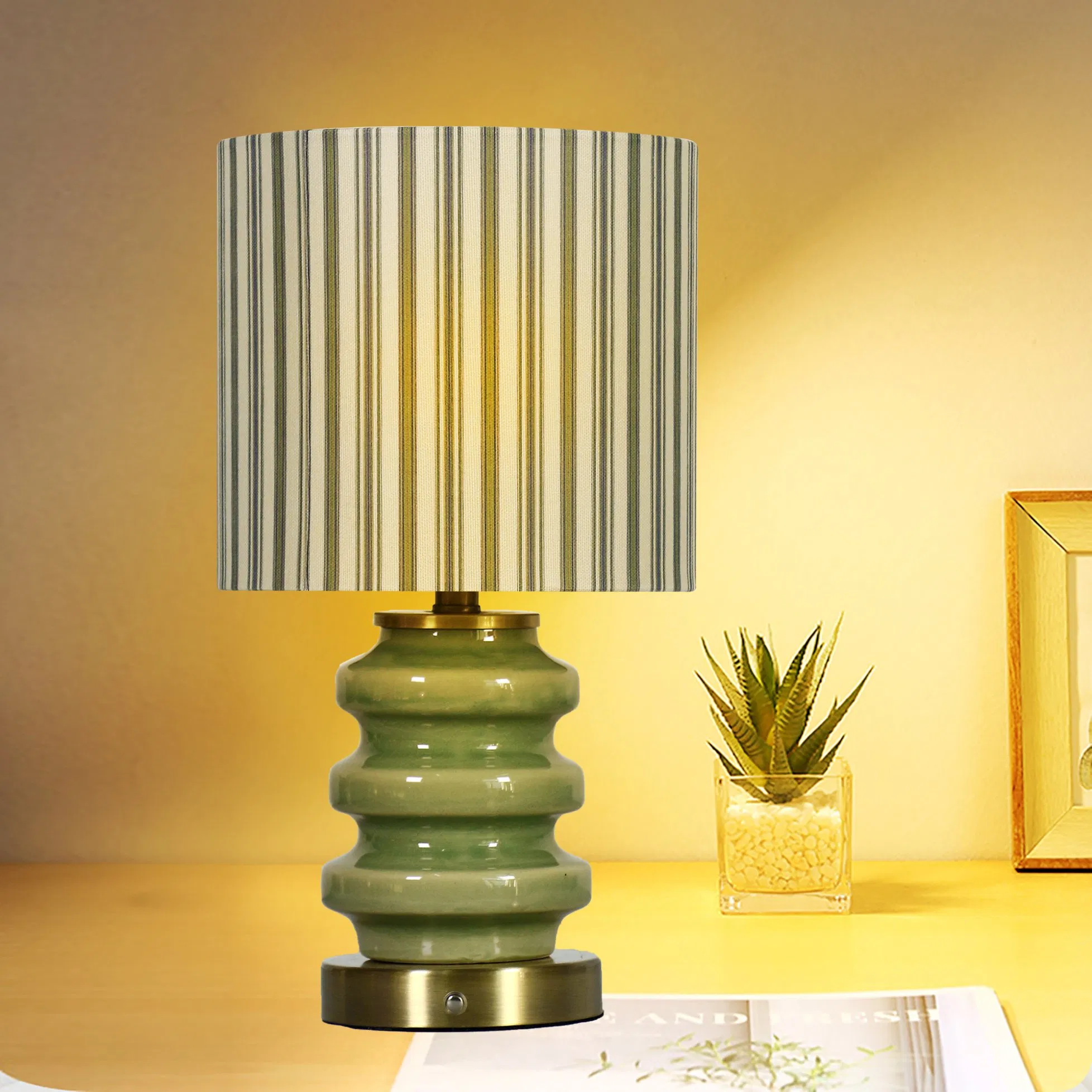 USB-Rechargeable Touch-Control 3-Color Dimmable Table Lamp, Green Ceramic Decorative Ambient Light, Fabric Night Light for Bedroom Bedside
