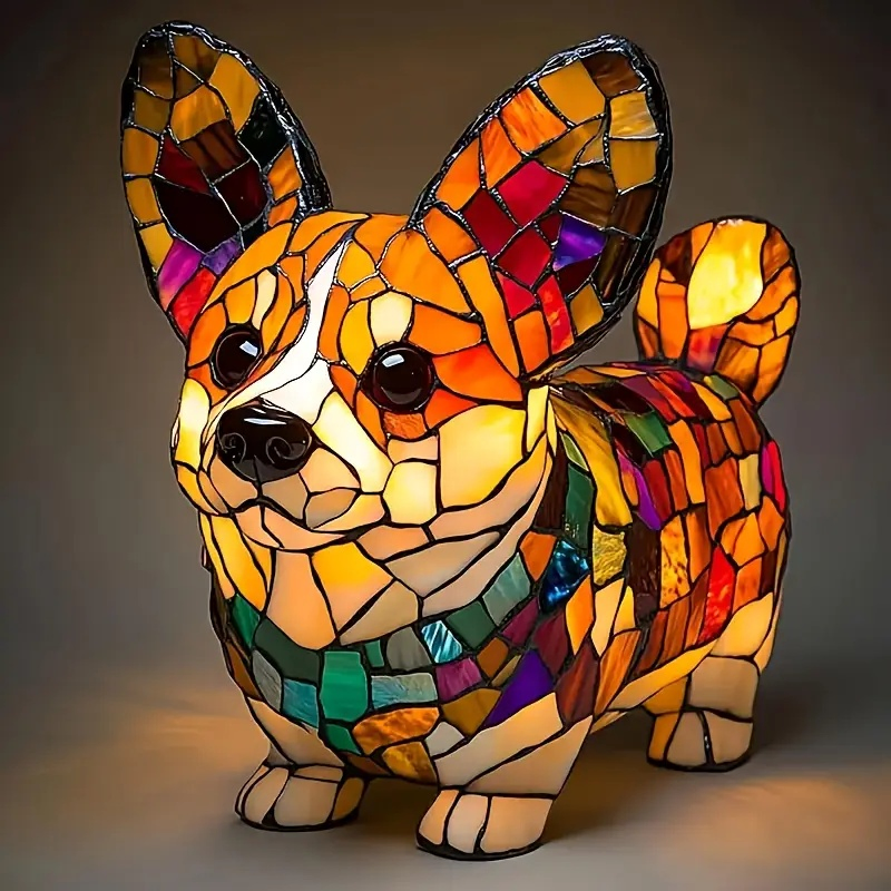 Handcrafted Stained Glass Dog Resin Table Lighting for Decorative Home Accent