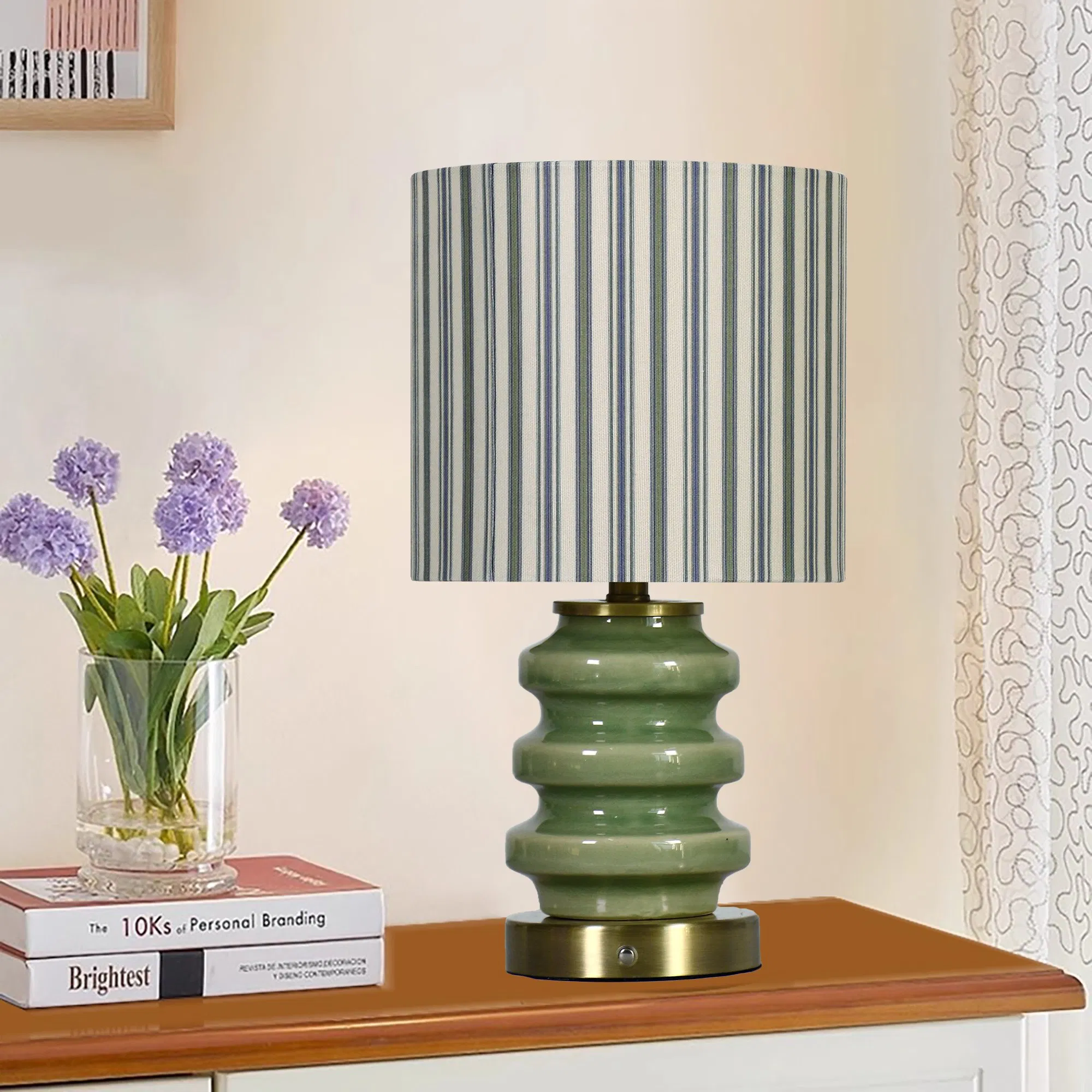 USB-Rechargeable Touch-Control 3-Color Dimmable Table Lamp, Green Ceramic Decorative Ambient Light, Fabric Night Light for Bedroom Bedside