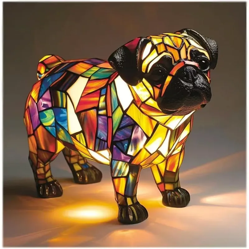 Handcrafted Stained Glass Dog Resin Table Lighting for Decorative Home Accent